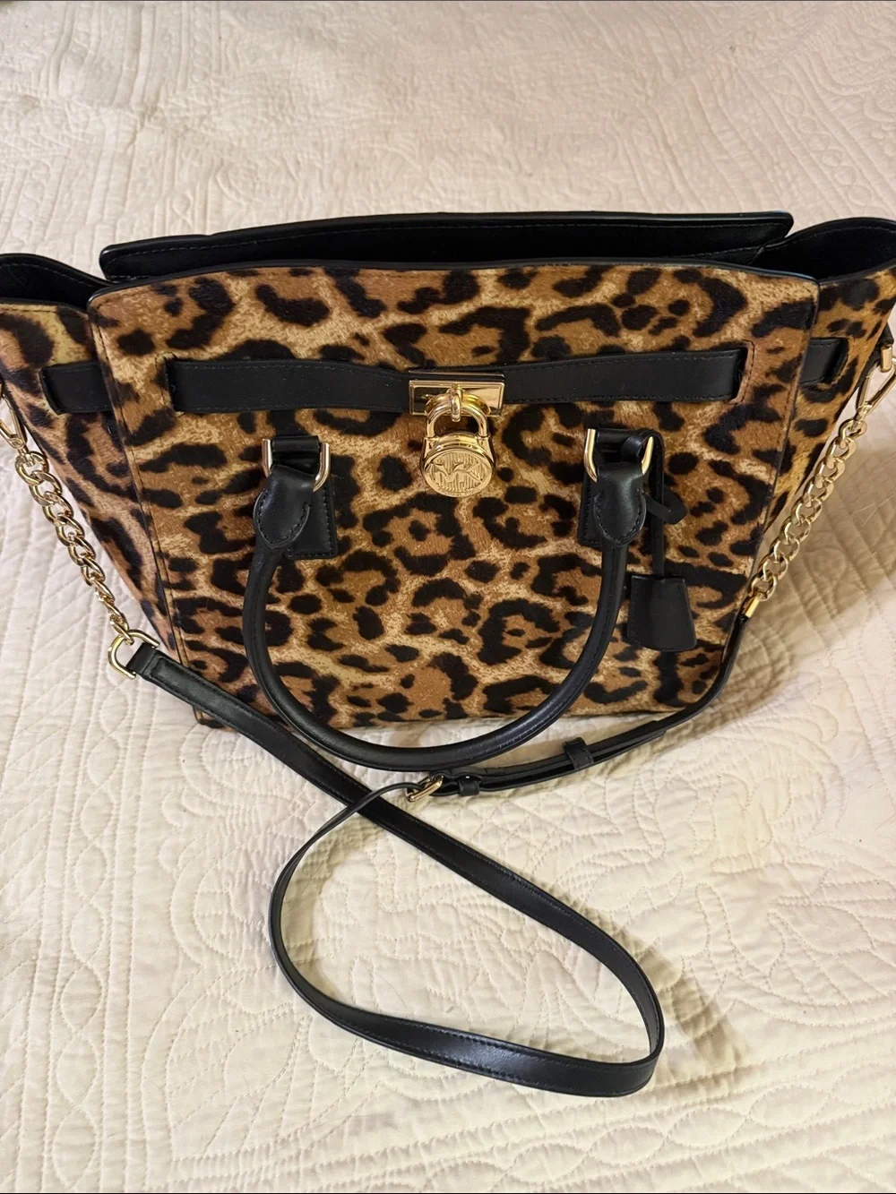Michael Kors Leopard Print Satchel with Black Trim and Gold Hardware